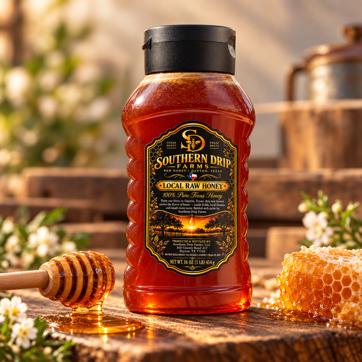 Southern Drip Farms 16 oz honey bottle beside honeycomb and a honey dipper