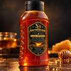 Southern Drip Farms 16 oz honey bottle in a dark tabletop display