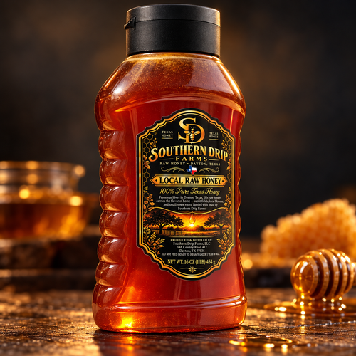 Southern Drip Farms 16 oz honey bottle in a dark tabletop display