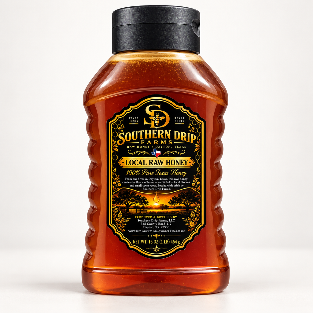 Southern Drip Farms 16 oz honey bottle on a light background