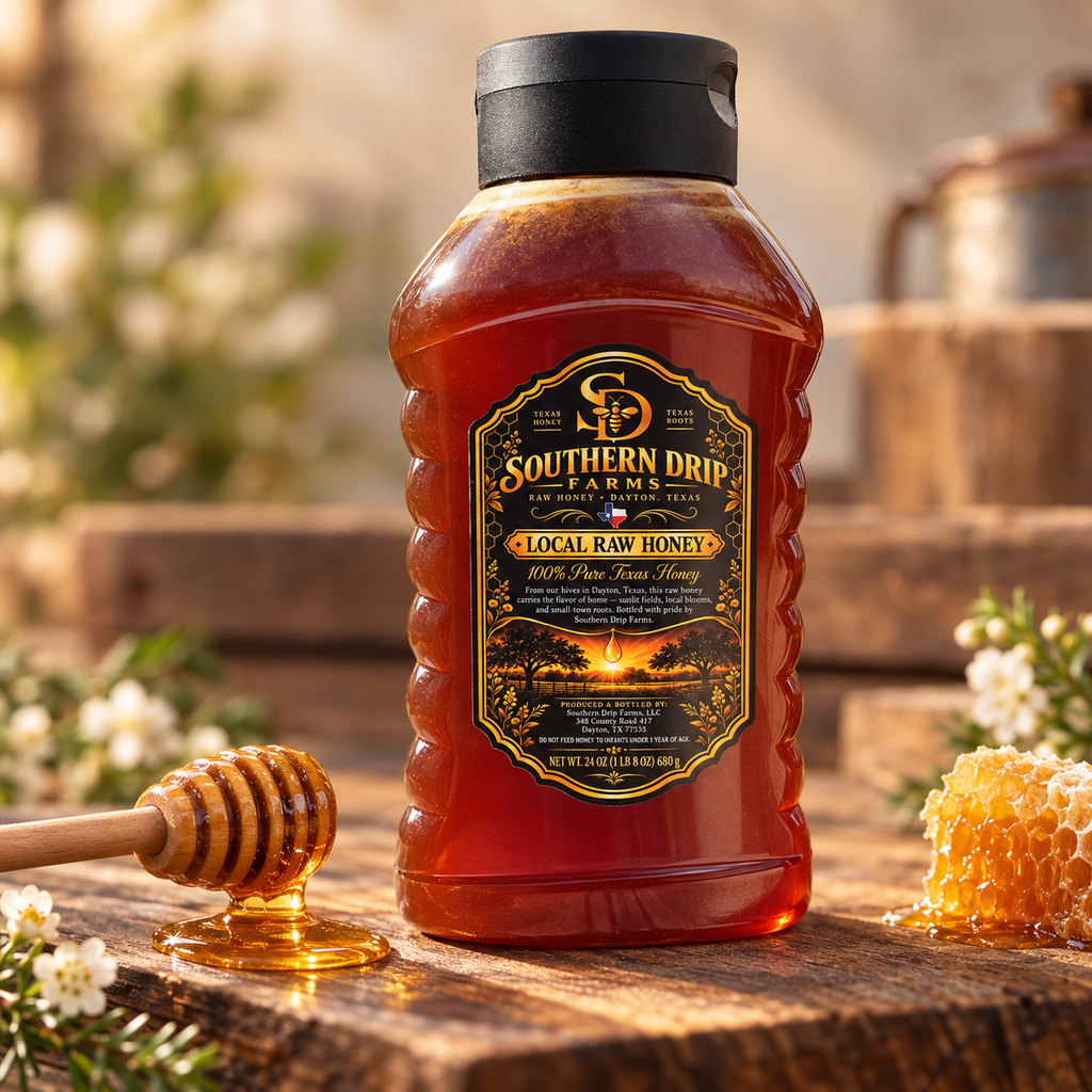 Southern Drip Farms 24 oz honey bottle beside honeycomb and a honey dipper