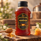Southern Drip Farms 24 oz honey bottle beside honeycomb and a honey dipper