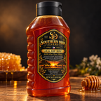 Southern Drip Farms 24 oz honey bottle in a dark tabletop display