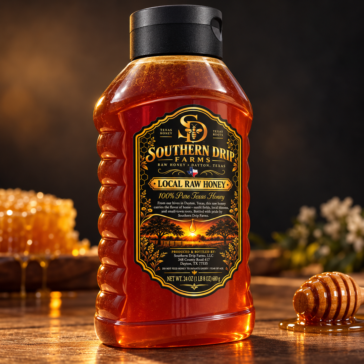 Southern Drip Farms 24 oz honey bottle in a dark tabletop display