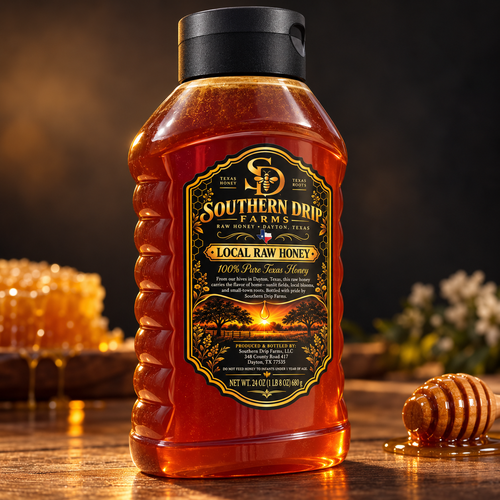 Southern Drip Farms 24 oz honey bottle in a dark tabletop display