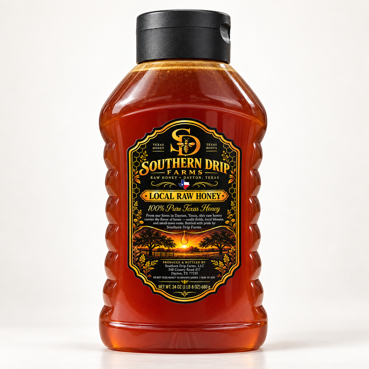 Southern Drip Farms 24 oz honey bottle on a light background