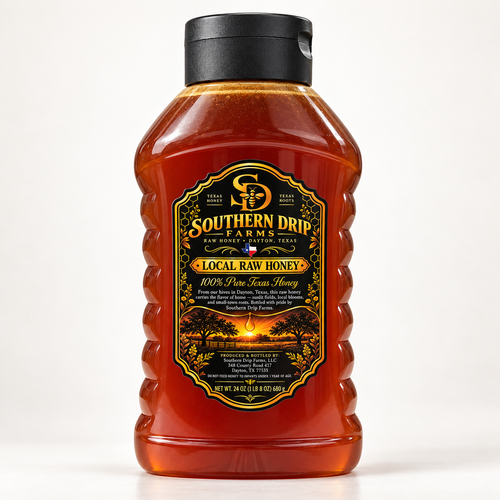 Southern Drip Farms 24 oz honey bottle on a light background