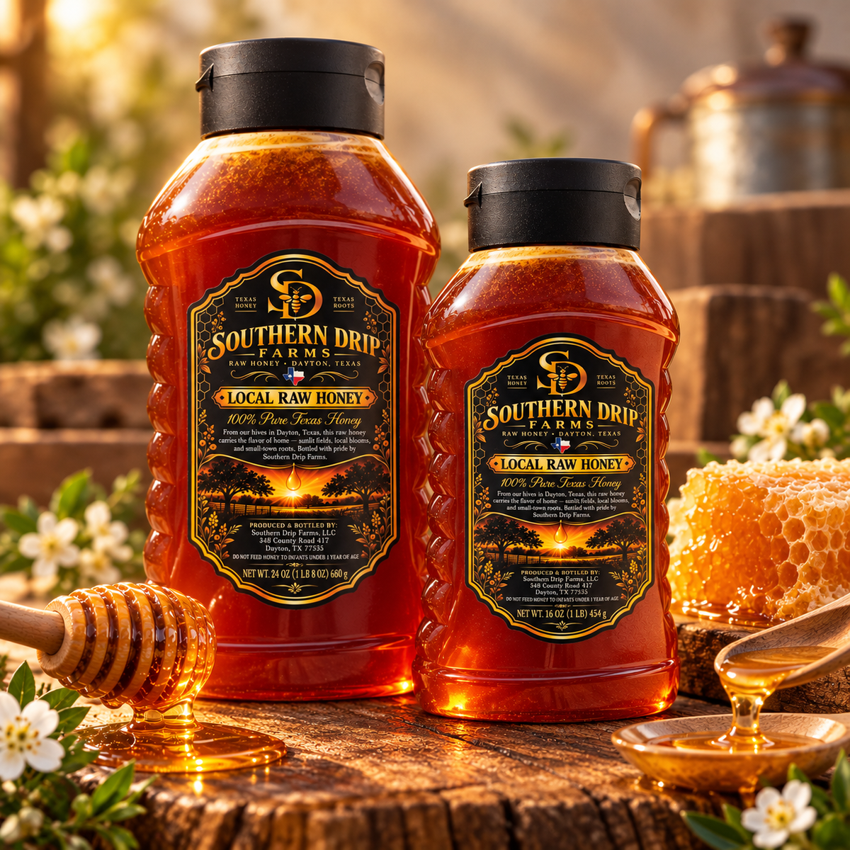 Southern Drip Farms 24 oz and 16 oz honey bottles together; mixed case contains six of each size