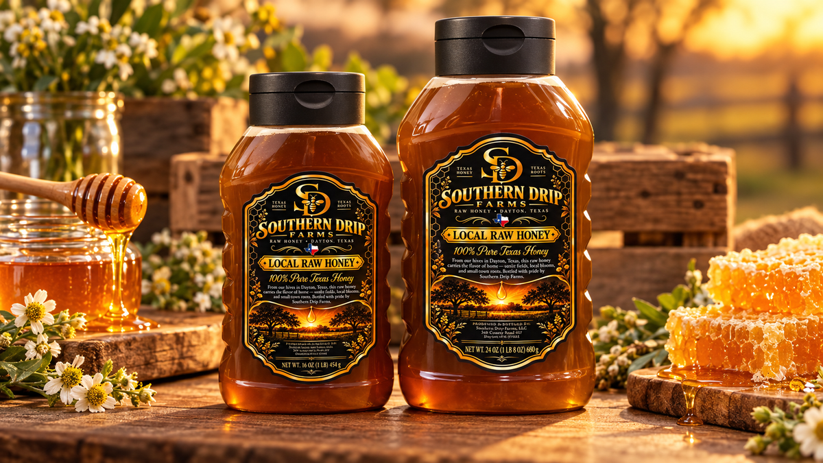 Southern Drip Farms 16 oz and 24 oz honey bottles together in a wide tabletop display; mixed case contains six of each size